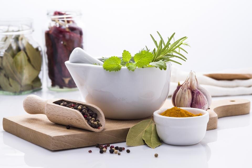 Herbs and spices in bowls